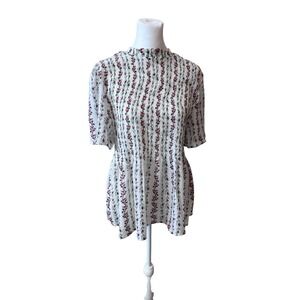 Sweet Rain Smocked Floral Blouse Mock Neck Short Sleeve Top‎ Size L